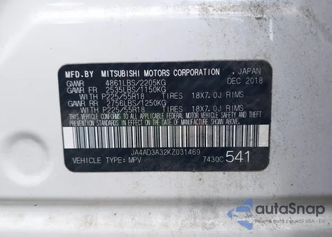 2019 Mitsubishi Outlander Se из США, поврежденный, VIN JA4AD3A32KZ031469